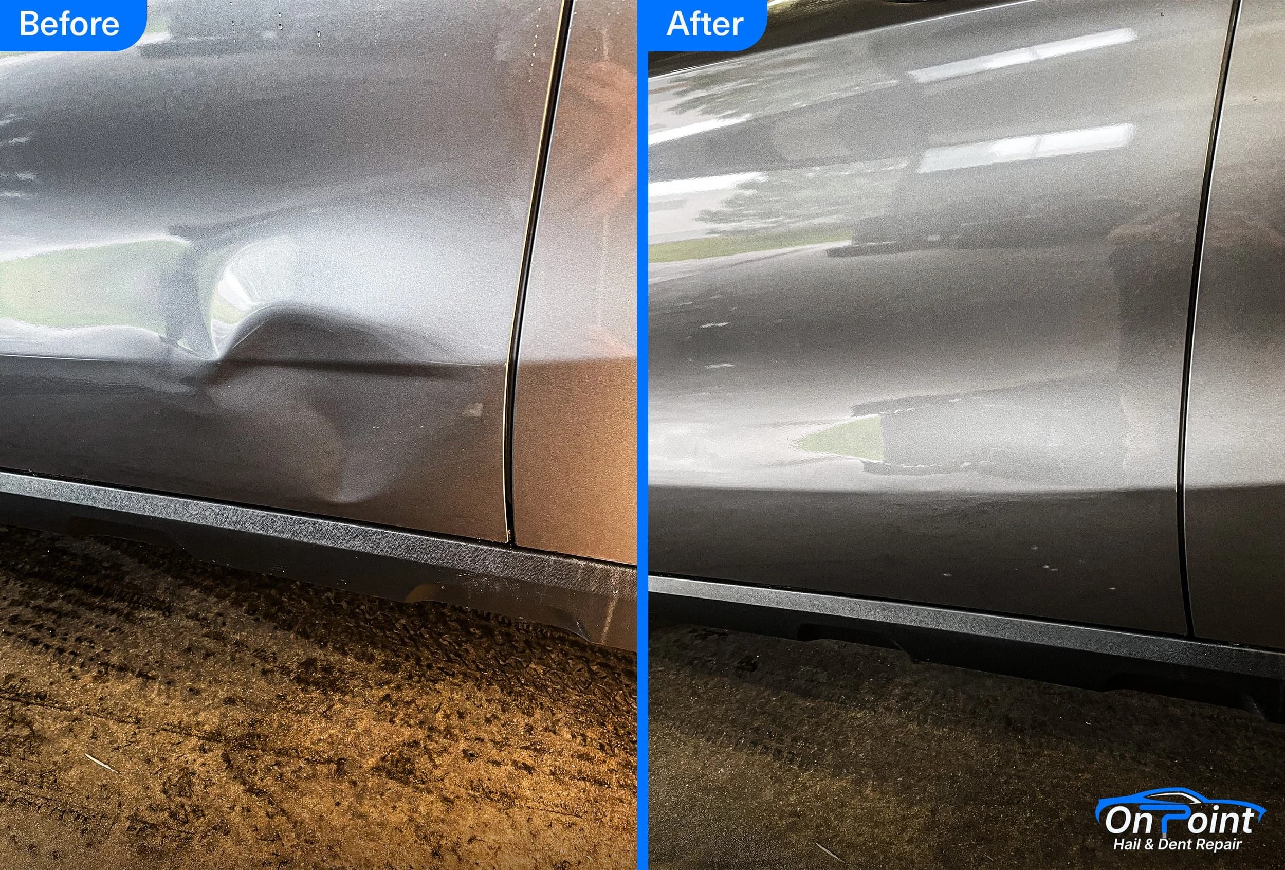 Side-by-side comparison of a car door before and after dent repair.
